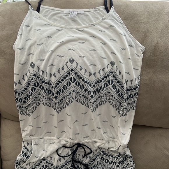 Swimsuit coverup romper with elastic waist and black tassel tie. - Picture 5 of 5